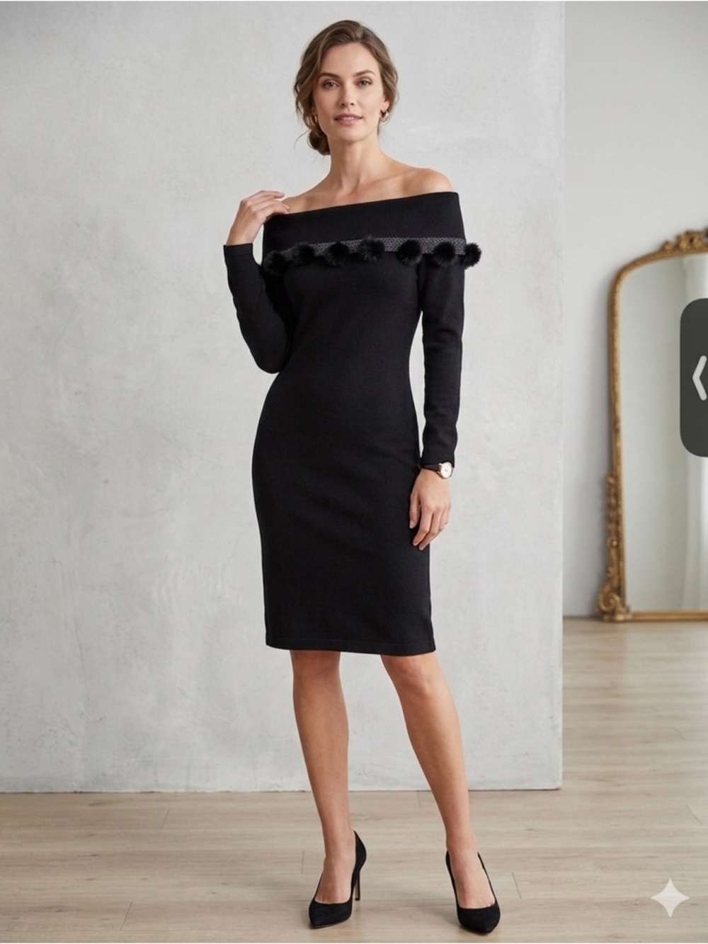 Lilly Pulitzer Black off the Shoulder Dunham Pom-Pom Trim sweater Dress